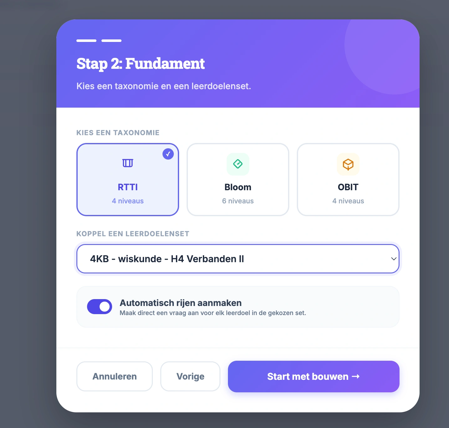 Interface van de Cijferwizard toetsmatrijs - Overzicht
