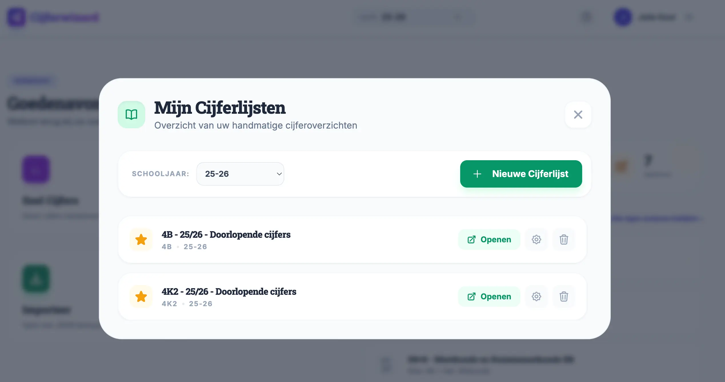 Interface van de Cijferwizard cijferlijst met klasoverzicht en gemiddelden