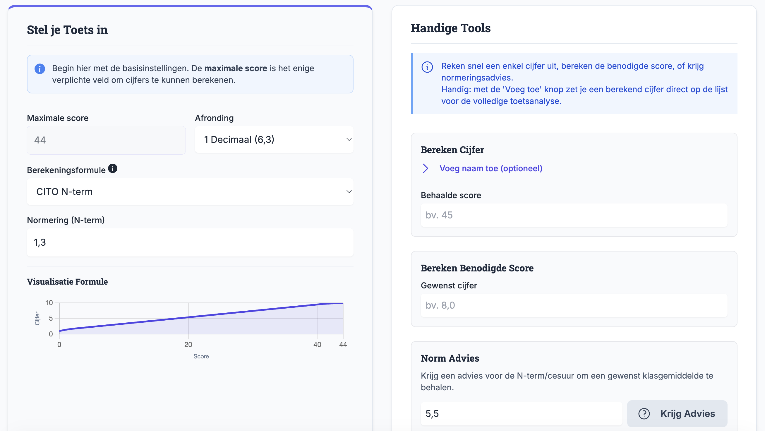 Screenshot van toetsinvoer en N-term instellingen in Cijferwizard