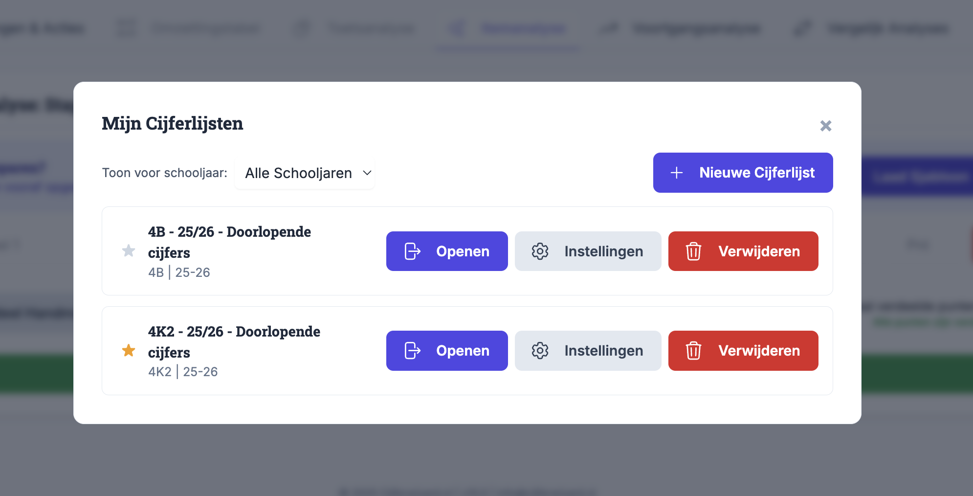 Screenshot van het Cijferlijsten overzicht in Cijferwizard