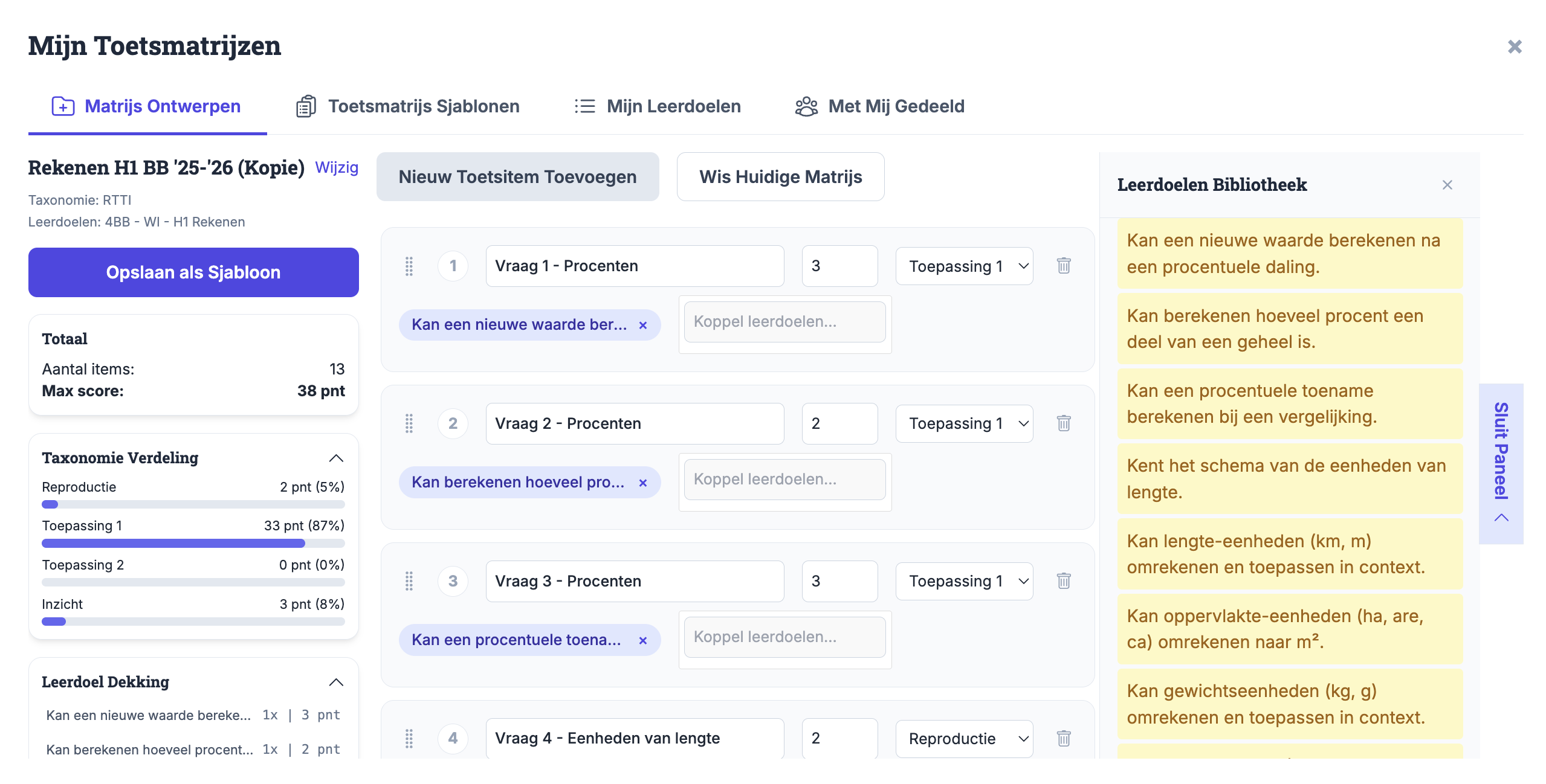 Screenshot van de Toetsmatrijs ontwerp module in Cijferwizard